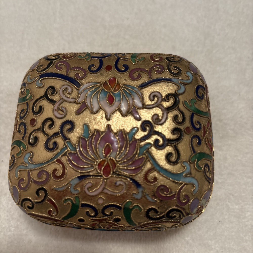 Vtg Trinket Box Cloisonné Brass And Enamel Asian Style Multicolor Floral & Lid